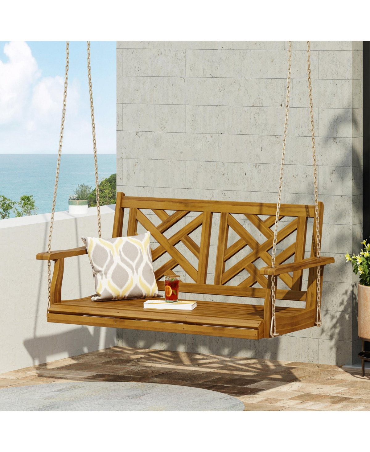 Simplie Fun Acacia Wood Porch Swing With Slat Panel Seating