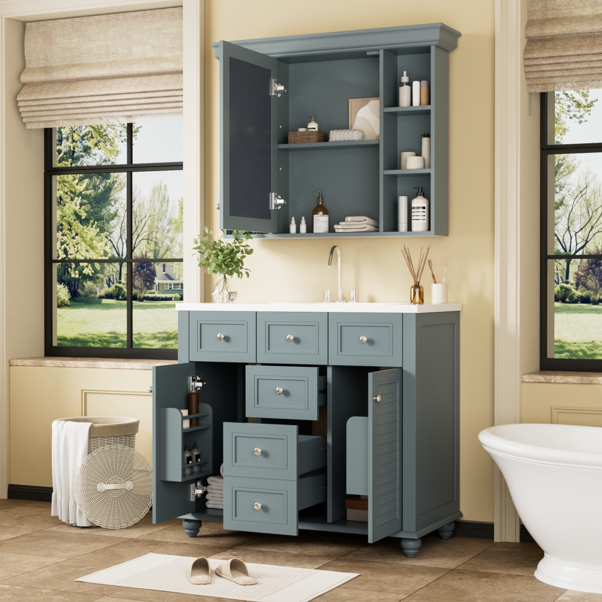 Streamdale Furniture 36'' Bathroom Vanity with Mirror Cabinet, Ample Storage, Soft-Close Doors & Drawers