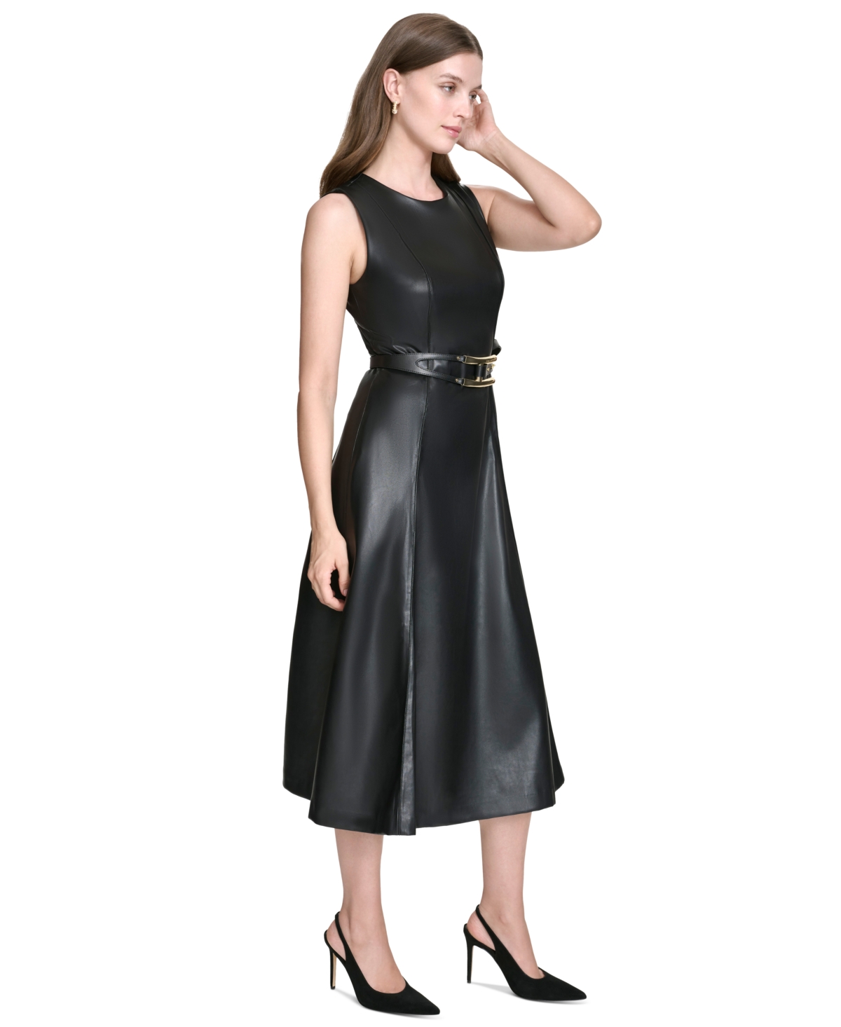 Halston Women's Faux-leather Belted Sleeveless Midi Dress In Black