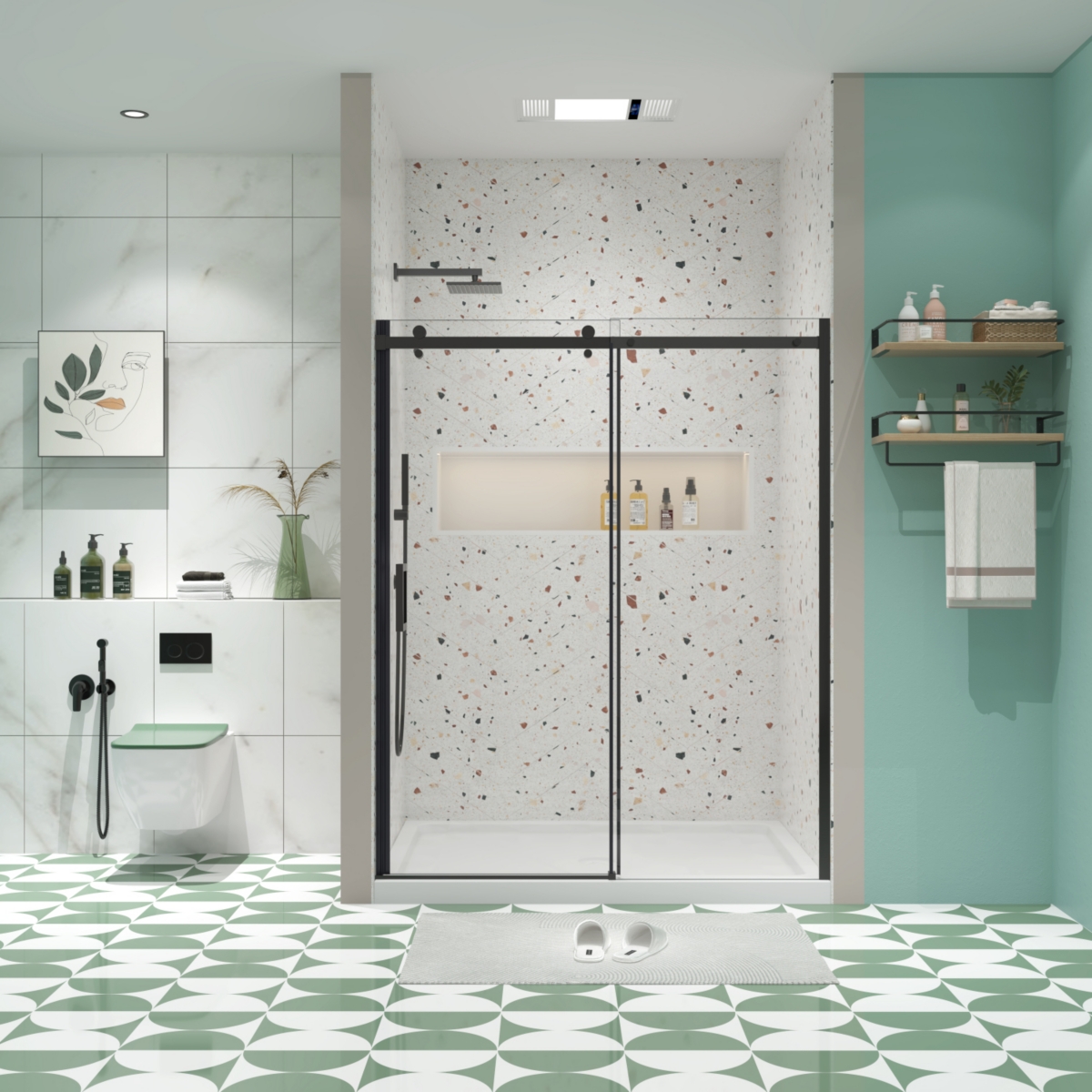 Sliding Glass Shower Door, 5/16&#x22; Tempered Glass, Matted Black Finish - Matte black