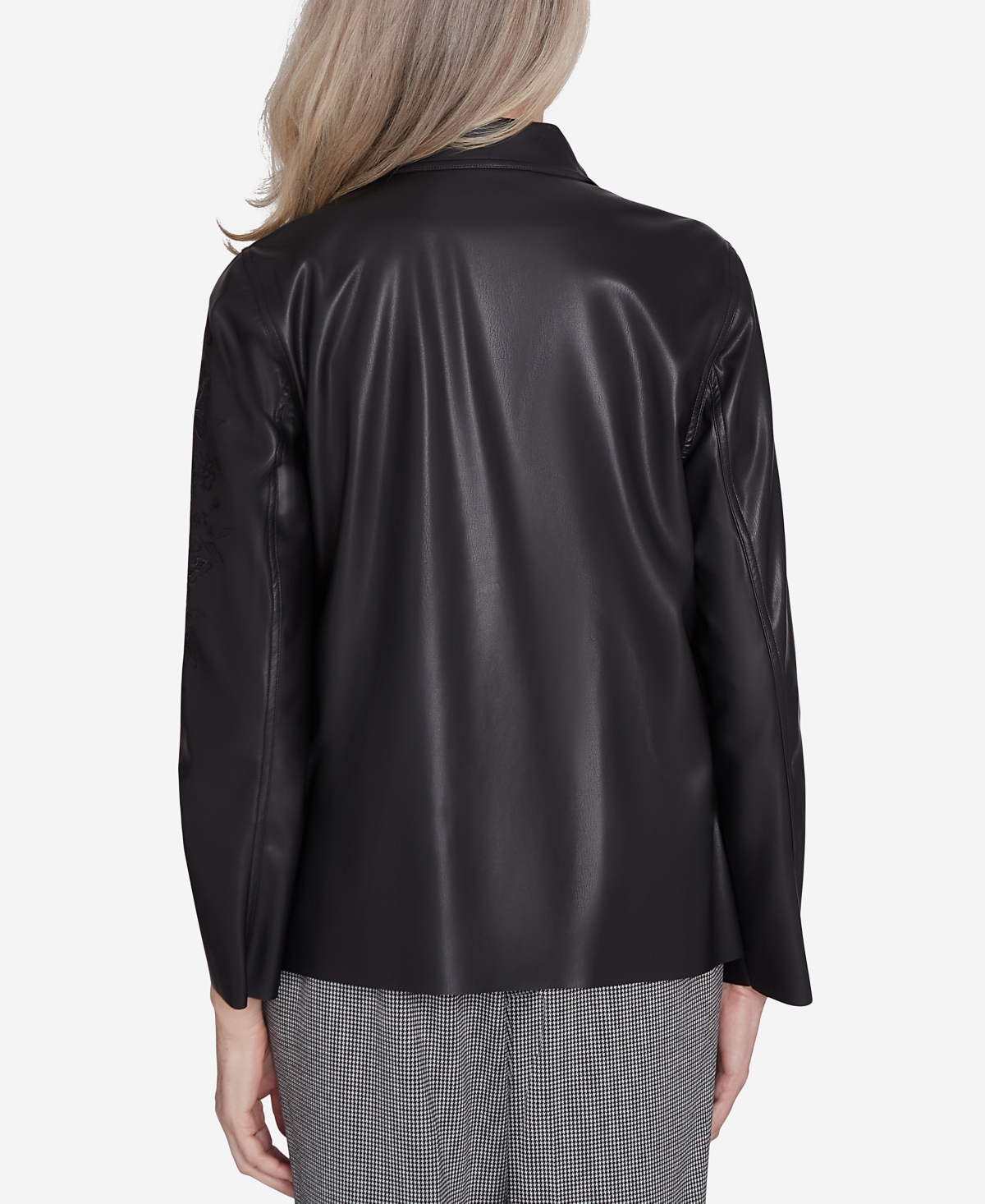 Alfred Dunner Petite Runway Ready Floral Embroidered Faux Leather Jacket In Black