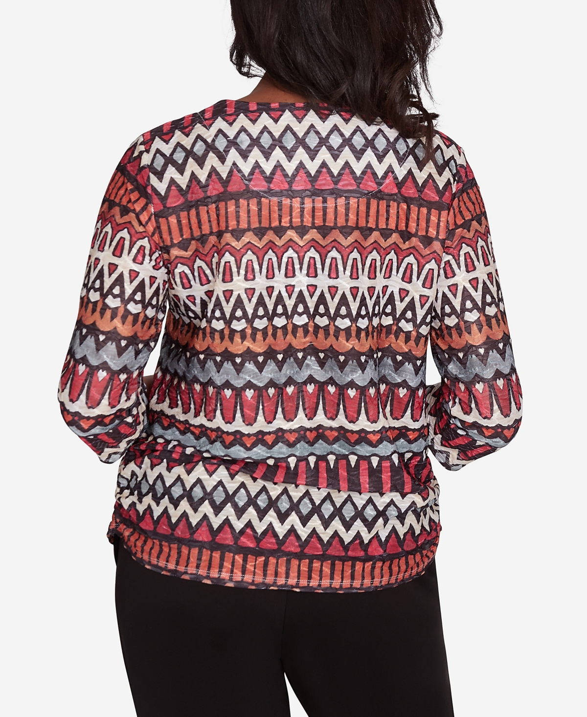 Alfred Dunner Petite Runway Ready Geometric Crewneck Ruched-side Top In Multi Red