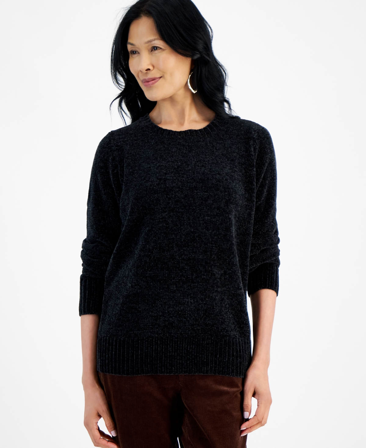 Style & Co Women's Crewneck Chenille Long-sleeve Sweater, Created For Macy's In Deep Black
