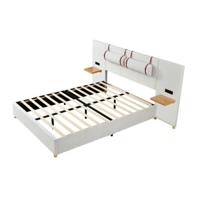 Streamdale Queen Bed with Outlets, Pillows, Shelves, Velvet