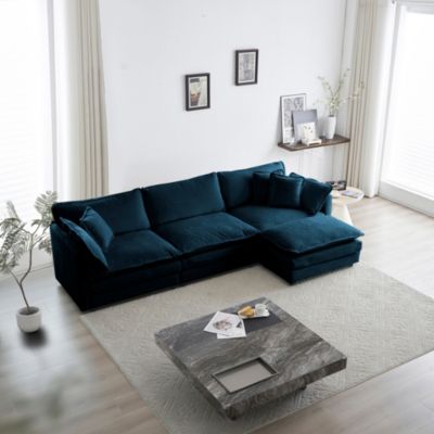 Modular Sectional Sofa with Reversible Ottoman, Blue Chenille