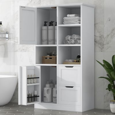 Tall Bathroom Storage Cabinet with Doors, Drawers, Shelves, Adjustable Shelf