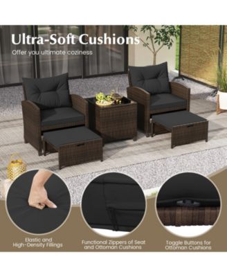 5 Pieces Patio Rattan Furniture with 2 Ottomans and Tempered Glass Coffee Table