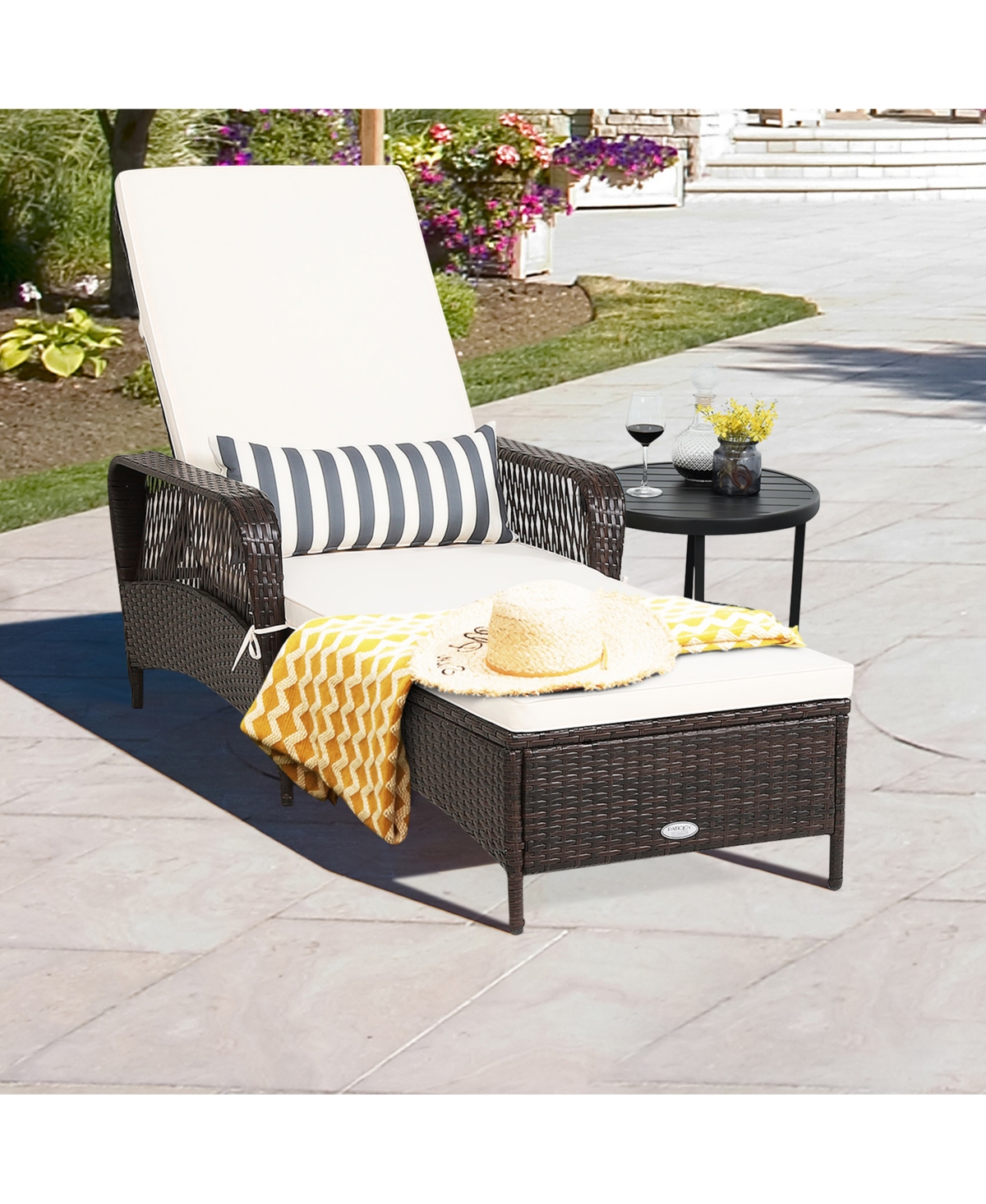 Gymax Rattan Patio Lounge Chair Chaise w/ Adjustable Backrest Cushion & Pillow - White+mix brown
