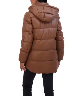 Women's Faux Leather 3/4 Puffer Jacket With Hood