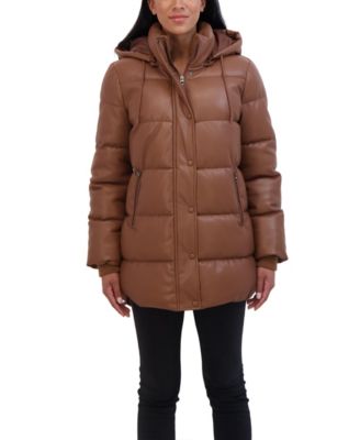 Women's Faux Leather 3/4 Puffer Jacket With Hood