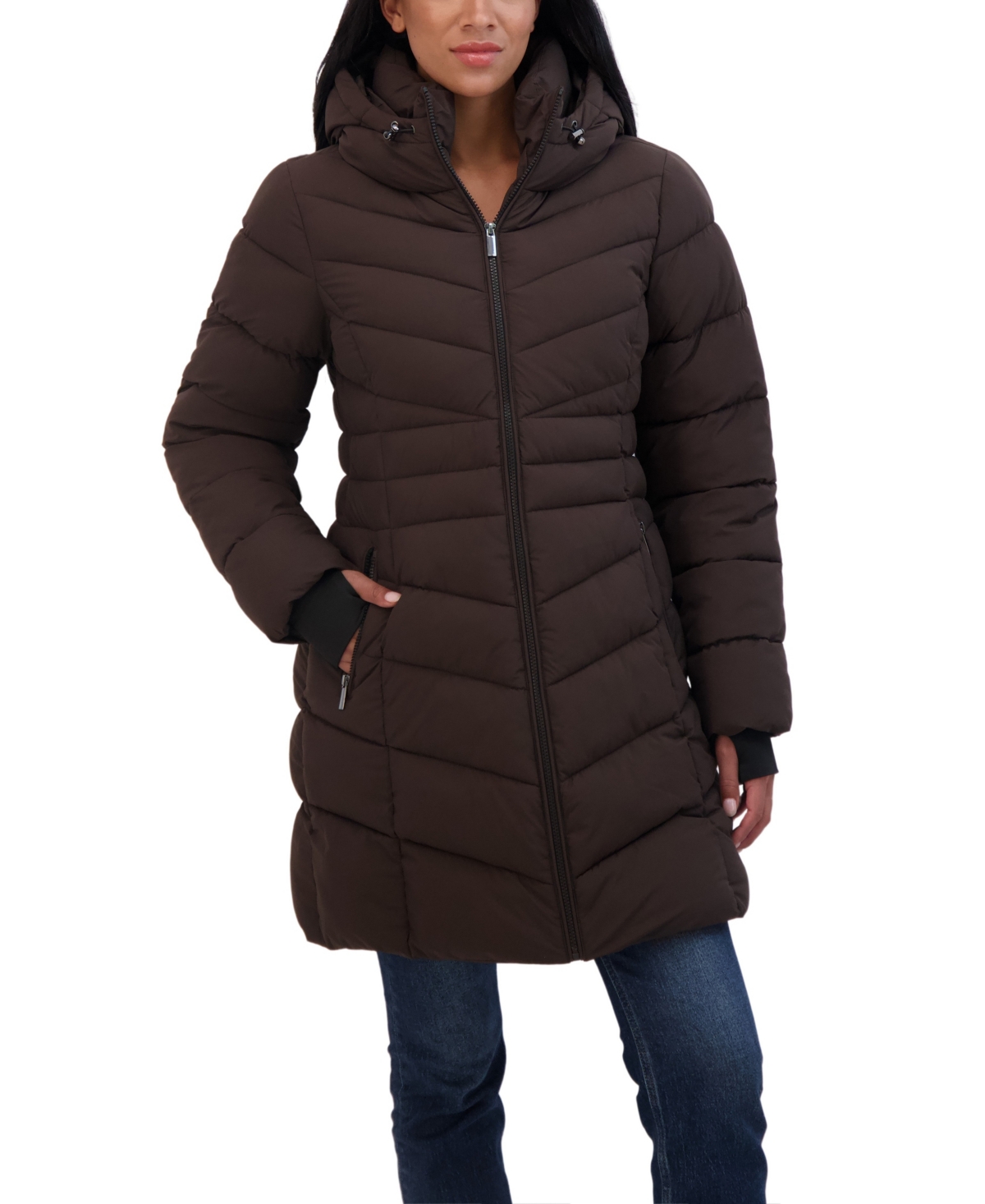 Women's 3/4 Hooded Stretch Puffer Coat - Black