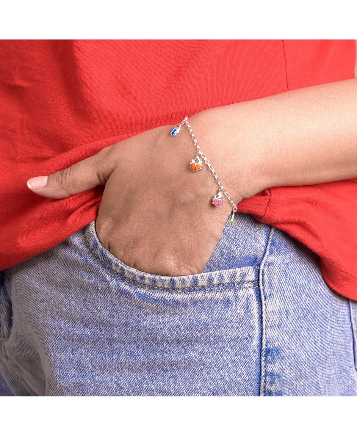 Bling Jewelry Good Luck Lucky Garden Colorful 5 Multi Ladybug Dangling Charm Bracelet .925 Sterling Silver 6.5 Inch Small Wrist