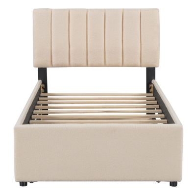 Streamdale Teddy Fleece Twin Platform Bed with Trundle, LED Lights, Beige