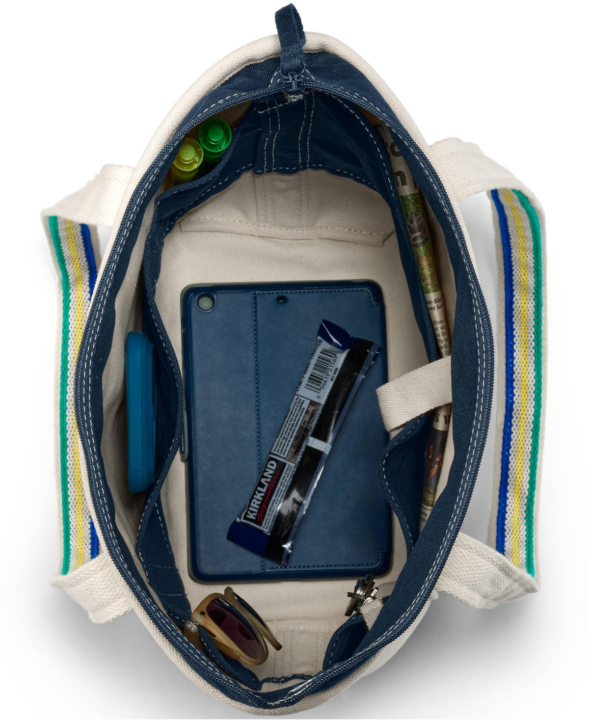 Lands' End5 Pocket Zip Top Long Handle Canvas Tote Bag - Natural/radiant navy stripe