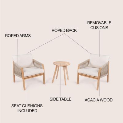 Aveiro 3-Piece Modern Bohemian Roped Corner Acacia Wood Conversation Outdoor Patio Set with Cushions