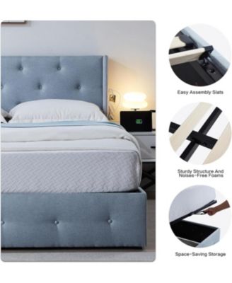 Full-Size Bed Frame with Storage, USB Ports, Modern Wingback Headboard