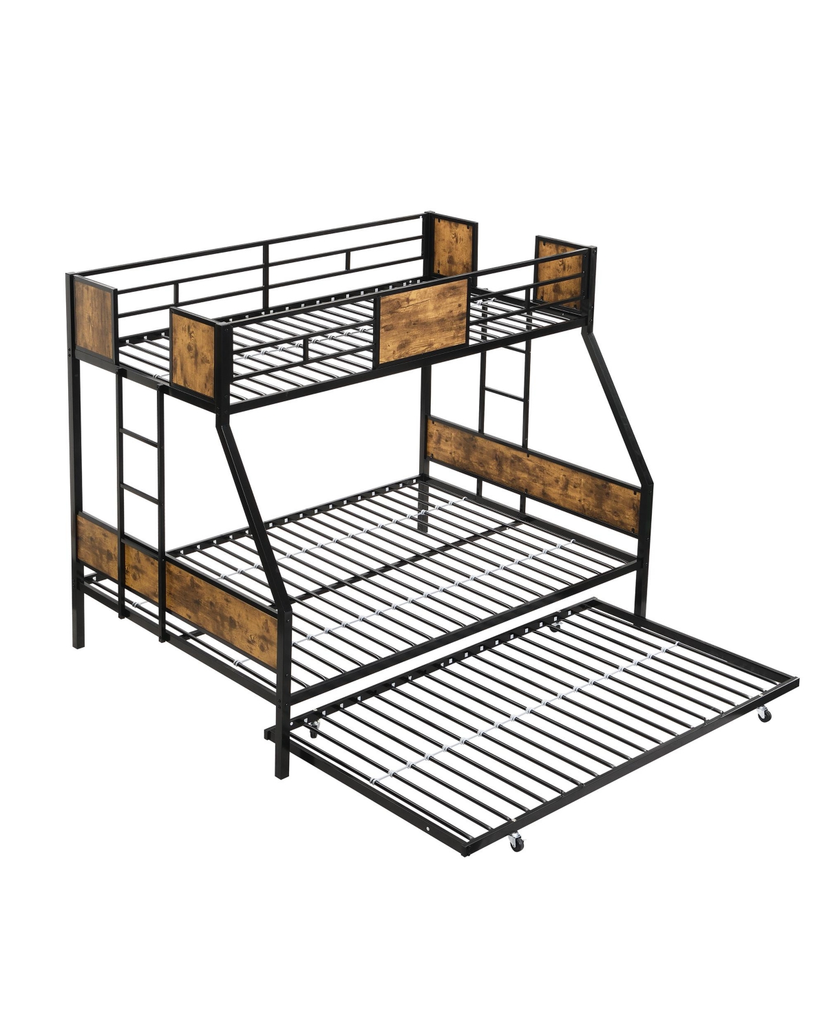 Streamdale Furniture Twin Over Full Bunk Bed with Trundle, Guardrails, Storage - Black+brown