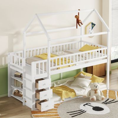 Twin House Bunk Bed with Shelves, Drawers, and Playful Roof Design