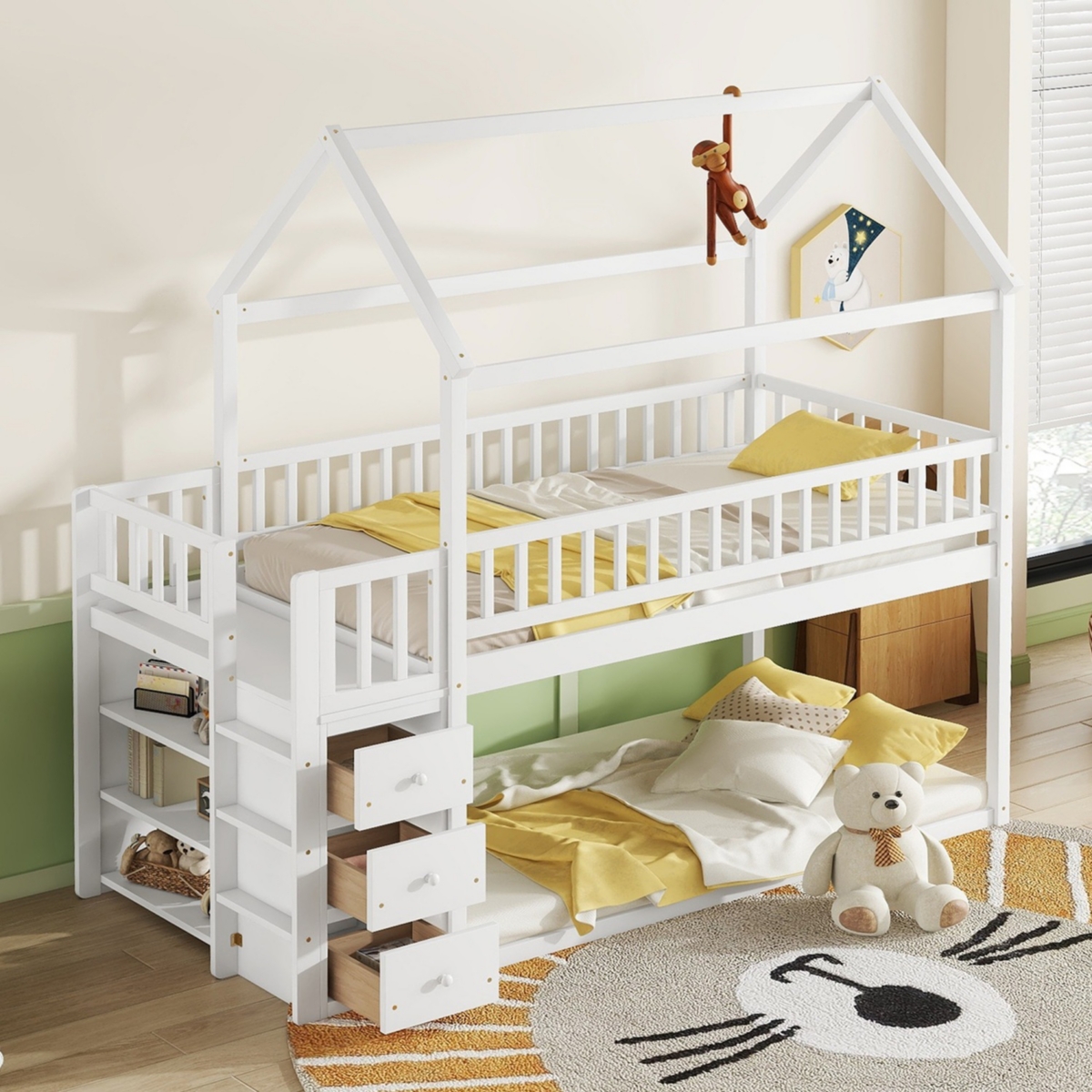 Simplie Fun Twin House Bunk Bed with Shelves, Drawers, and Playful Roof Design
