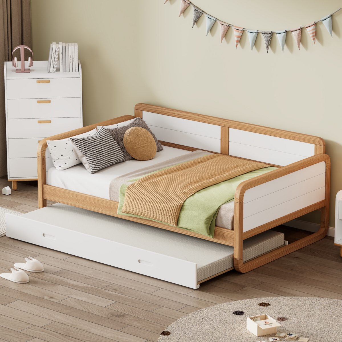 Streamdale Furniture Sturdy Twin Daybed with Trundle for Kids, Teens, Adults - White+walnut