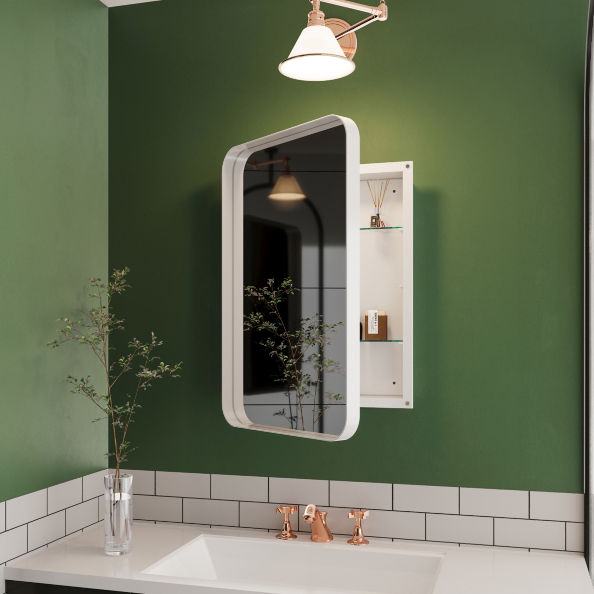 Recessed White Metal Medicine Cabinet with Mirror and Shelves - White