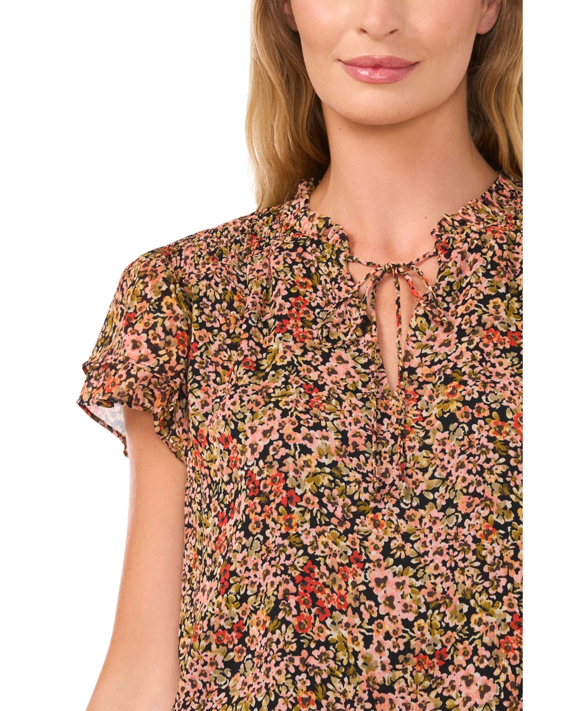 CeCe Women's Ditsy Floral Tie Front Blouse with Smocking