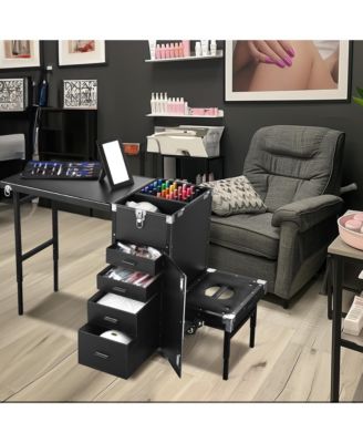 Rolling Makeup Train Case Patented Design Pedicure Nail Salon Nail Foldable Trolley Cosmetic Organizer Black with Stool