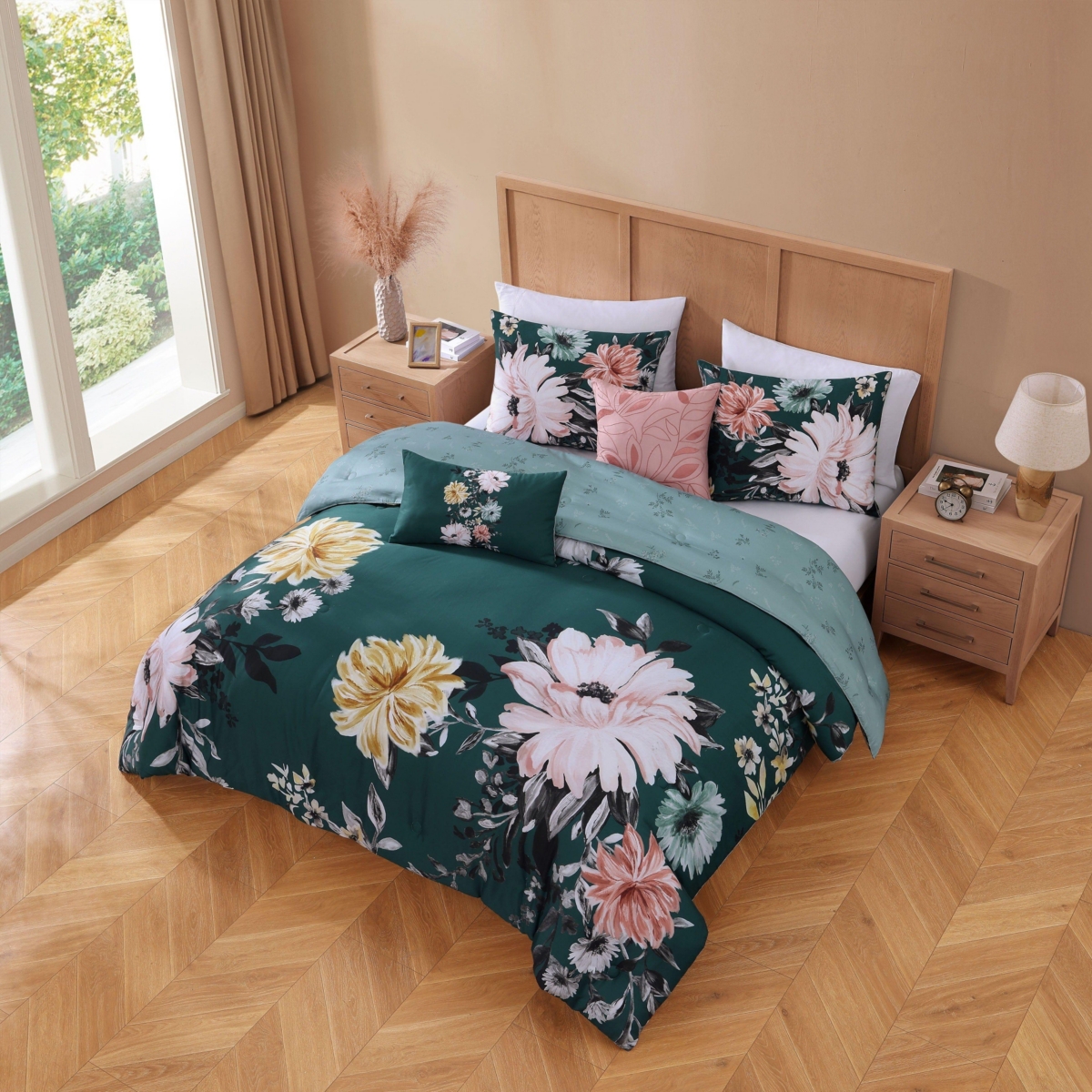 Bebejan Wild Flowers onBedding 200 Thread Count 100% Cotton Sateen 5 Piece Reversible Size Comforter Set - Teal
