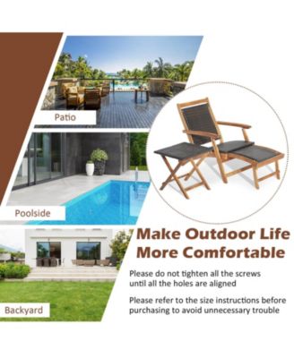 2 Pieces Patio Rattan Folding Lounge Chair with Acacia Wood Table
