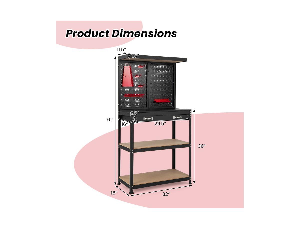 Slickblue Tool Storage Workbench with Pegboard with 14 Hanging Accessories for Garage - Red