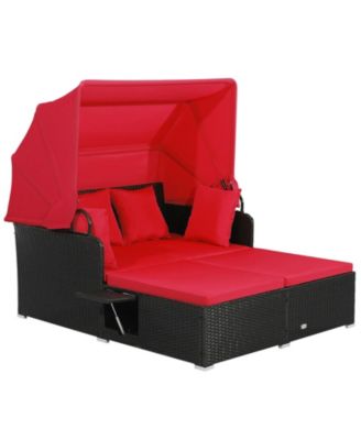 Patio Rattan Daybed with Retractable Canopy and Side Tables-Red