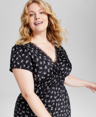And Now This Trendy Plus Size Lace-Trim Satin Floral Midi Dress, Created for Macy's
