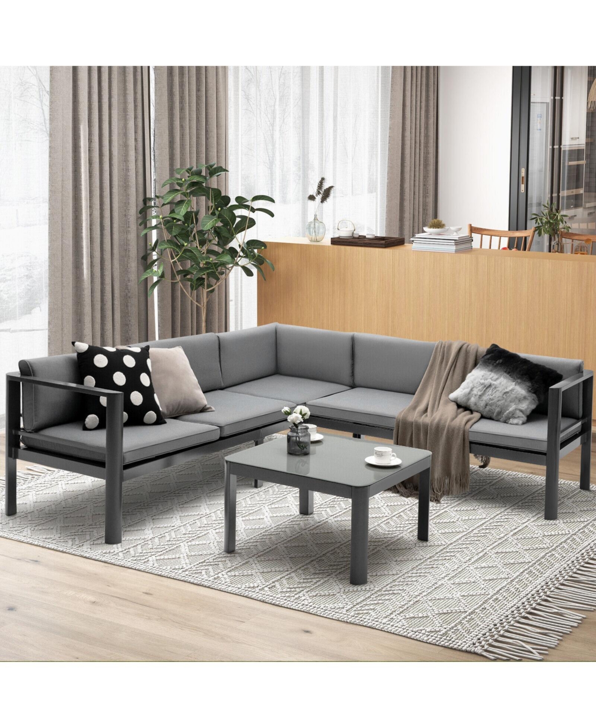 3 Pieces Aluminum Patio Furniture Set with 6-Level Adjustable Backrest-Grey