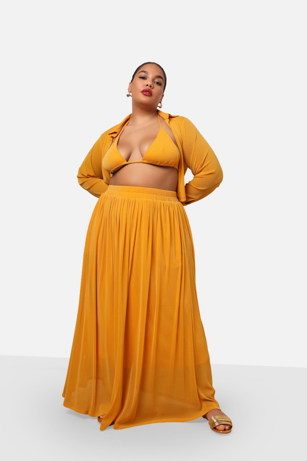 Plus Size Luna Glitter Mesh Maxi Skater Skirt W. Pockets - Yellow