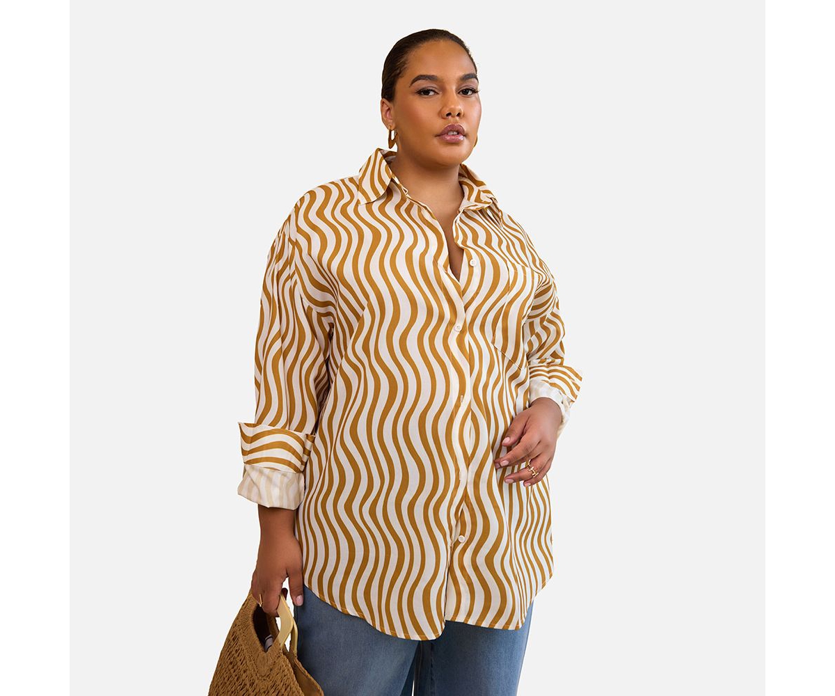 Plus Size Tori Wavy Stripe Button Up Blouse - Yellow