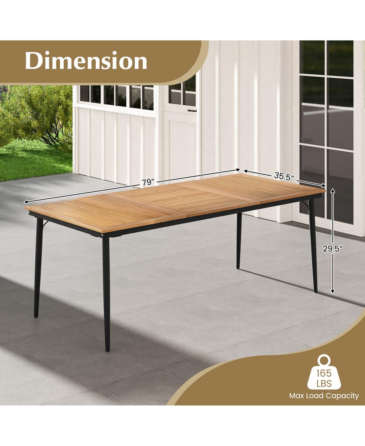 Slickblue 79 Inch Acacia Wood Outdoor Dining Table for 8 with 1.9 Inch Umbrella Hole