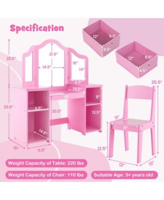Kids Vanity Table and Chair Set with Removable Mirrors and 4 Storage Bins