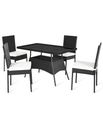 5 Pieces Rattan Dining Set with Glass Table and High Back Chair