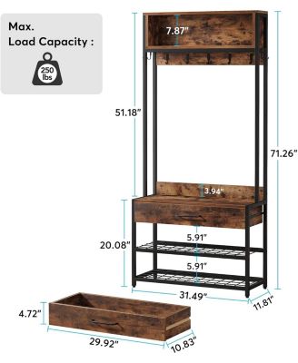 3 in 1 Entrance Area Hallway Tree with Drawer, Vintage Industrial Coat Rack with Shoe Bench and Stable, Mudroom Bench with Shoe Rack and 9 Hooks for Living Room Bedroom (Brown)