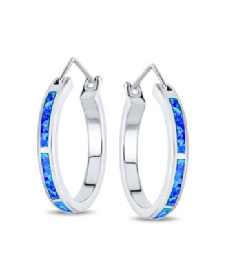 Created White Blue Opal Inlay Thin Flat Tube Large Hoop Earrings Rose Gold .925 Sterling Silver