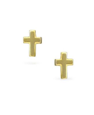 Tiny Minimalist Religious Christian Cross Stud Earrings 14K Yellow Gold Matte Brush Finish Safety Clutch Screw back