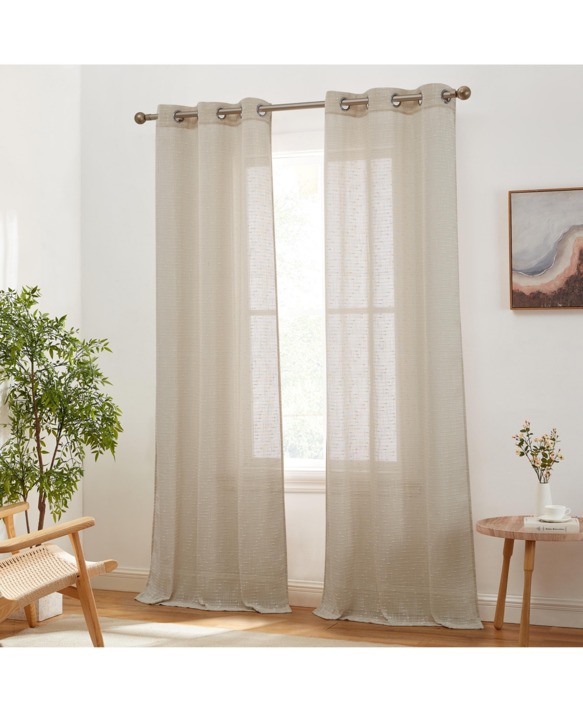 Emily Faux Linen Semi Sheer Light Filtering Transparent Grommet Lightweight Window Curtains Drapery Panels, 2 Panels - Beige