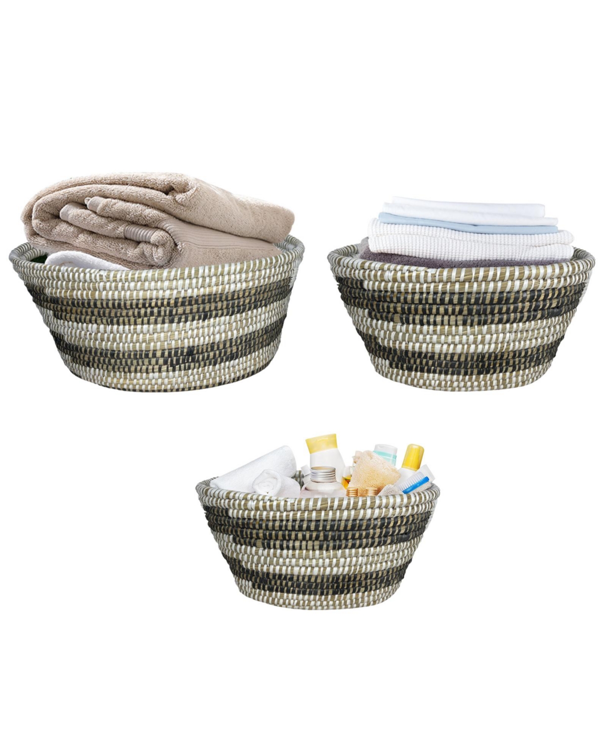 Slickblue Natural Canes Grass Baskets Stackable Storage Bins Set of 3 with Hollowed Handles - Black