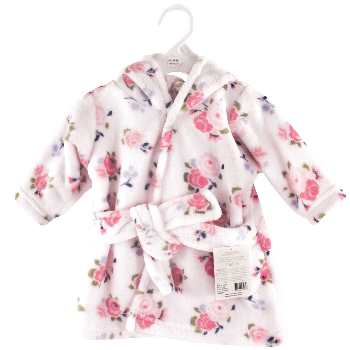 Luvable Friends Baby Girls Plush Bathrobe, Floral, 0-9 Months