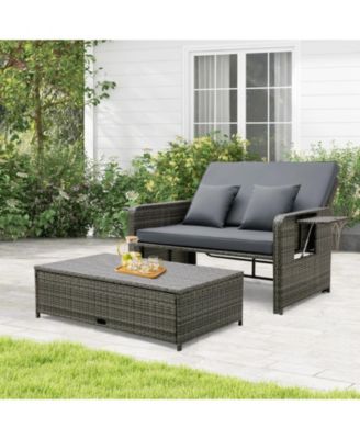 Patio Wicker Loveseat Sofa with Multipurpose Ottoman and Retractable Side Tray