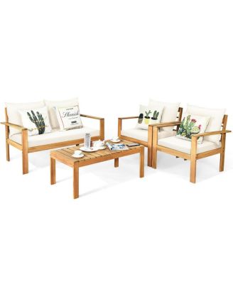 Outdoor 4 Pieces Acacia Wood Chat Set with Water Resistant Cushions