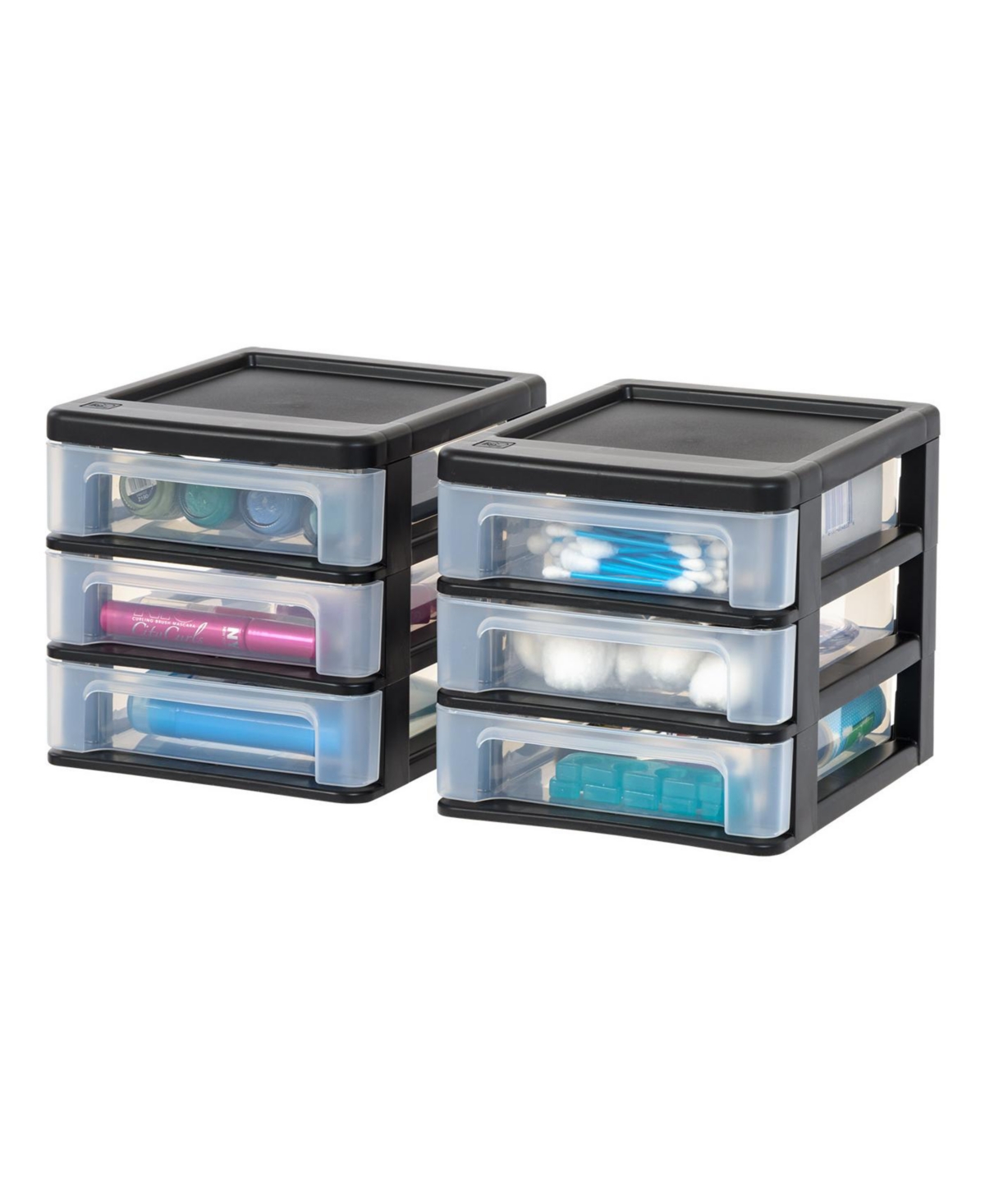 Small 3-Drawer Plastic Desktop Organizer, 2 Pack, Stackable Office School Stationery Makeup Bathroom Utility Medical Supplies, Black - Black