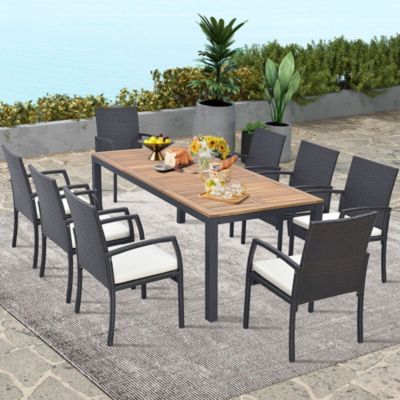 9 PCS Patio Rattan Dining Set with Acacia Wood Table, Cushions, 1.9" Umbrella Hole