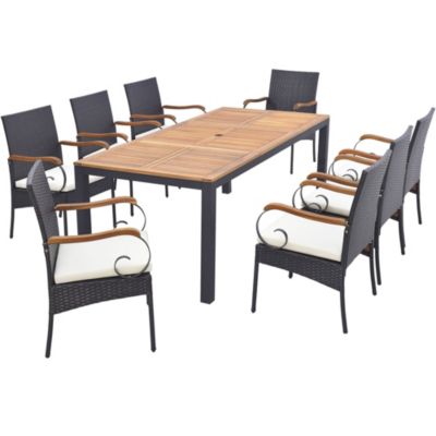 9 PCS Patio Rattan Dining Set with Acacia Wood Table, Cushions, 1.9" Umbrella Hole