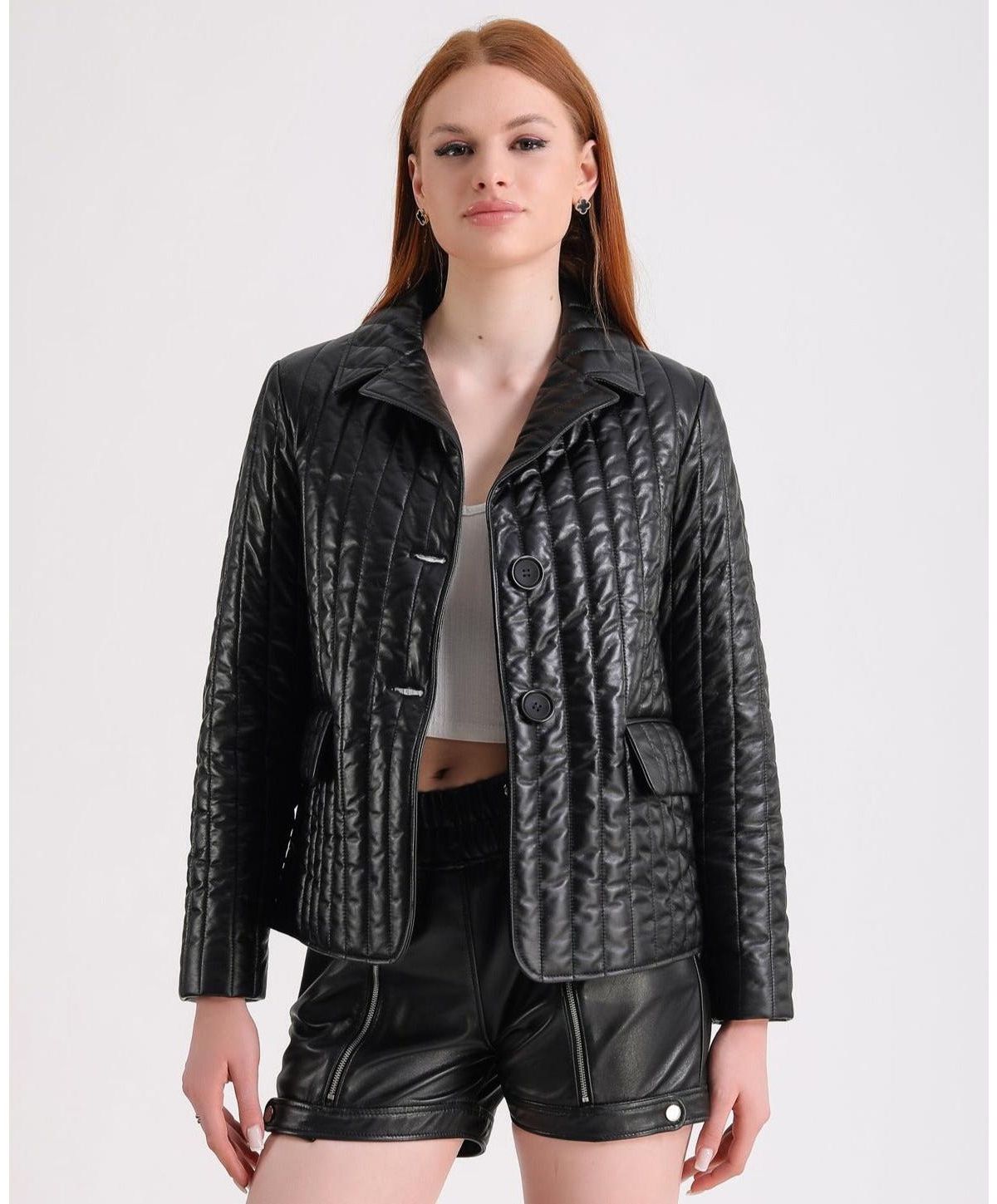 Women's Leather Blazer, Black - Black
